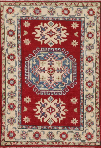 Geometric Red Kazak Handmade Foyer Rug 3x4