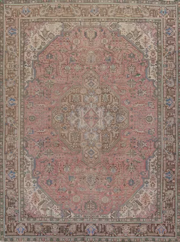 Distressed Pink Geometric Tabriz Persian Area Rug 10x13
