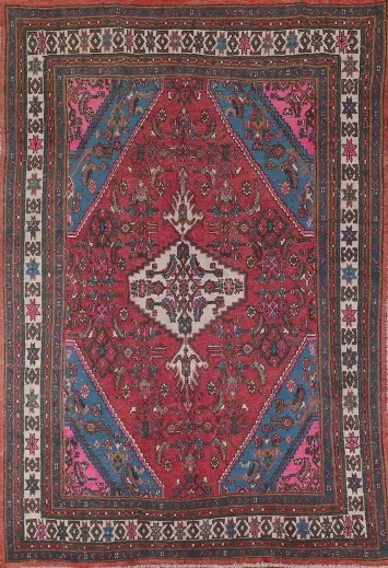 Pink & Turquoise Hamedan Persian Area Rug 7x10