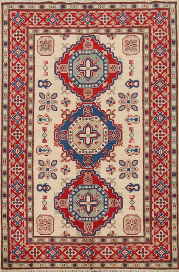 Ivory Geometric Kazak Handmade Wool Rug 4x6