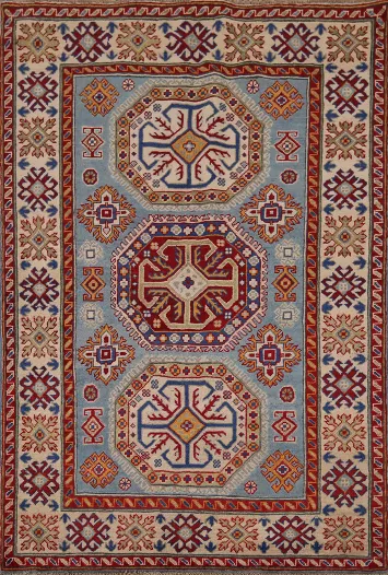 Blue Geometric Kazak Handmade Foyer Rug 4x6