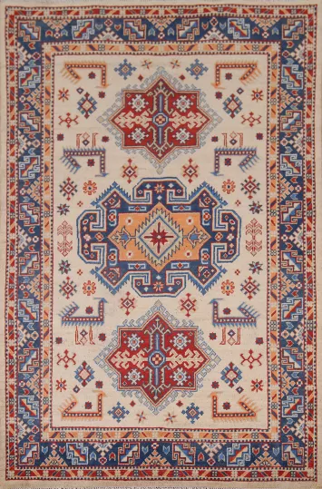 Geometric Ivory Wool Kazak Accent Rug 4x6