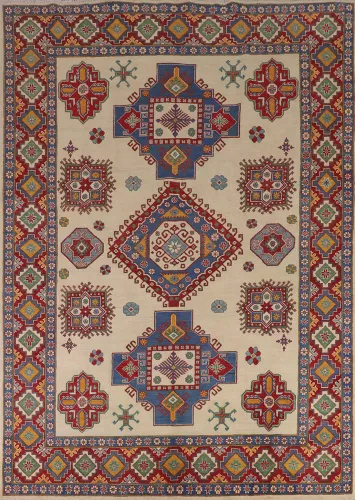 Ivory Geometric Kazak Living Room Rug 8x11