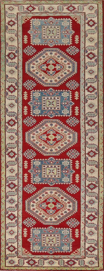 Red Geometric Kazak Oriental Runner Rug 4x14