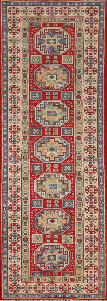 Red Geometric Kazak Oriental Runner Rug 3x10