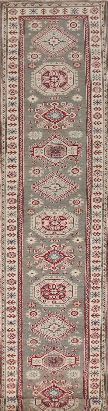 Gray Geometric Kazak Oriental Runner Rug 3x16