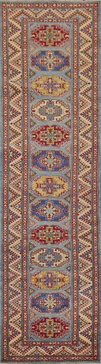 Light Blue Kazak Oriental Runner Rug 3x13