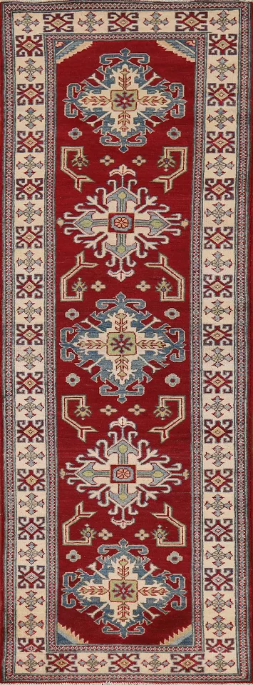 Red Geometric Kazak Oriental Runner Rug 3x10
