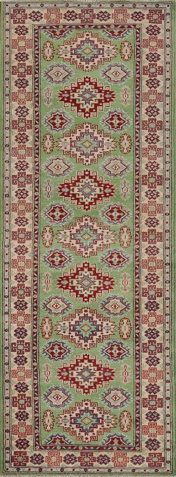 Light Green Kazak Oriental Runner Rug 3x10