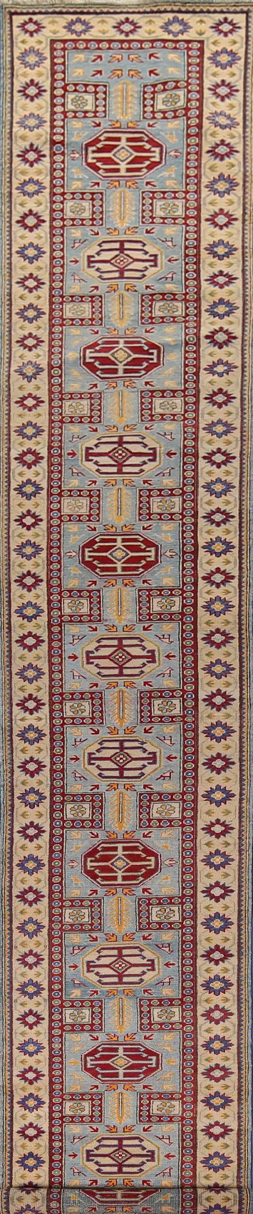 Handmade Blue Kazak Oriental Runner Rug 3x21