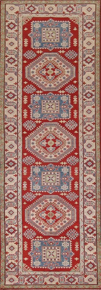 Geometric Red Kazak Oriental Runner Rug 4x13