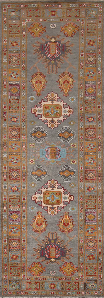 Handmade Gray Kazak Oriental Runner Rug 3x10
