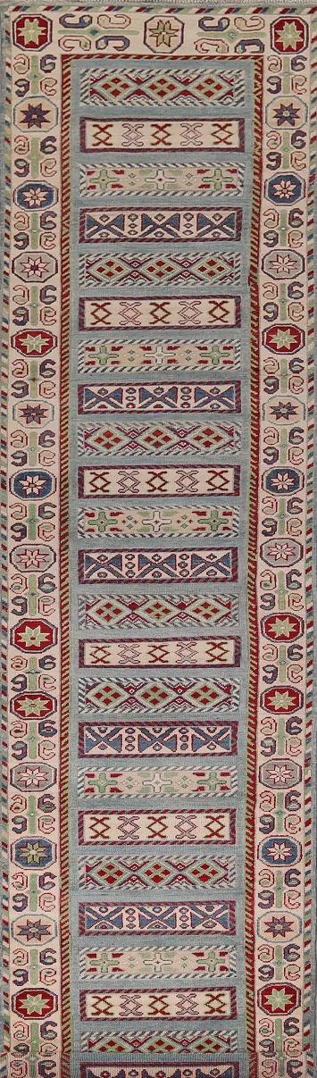 Blue Geometric Kazak Oriental Runner Rug 3x16