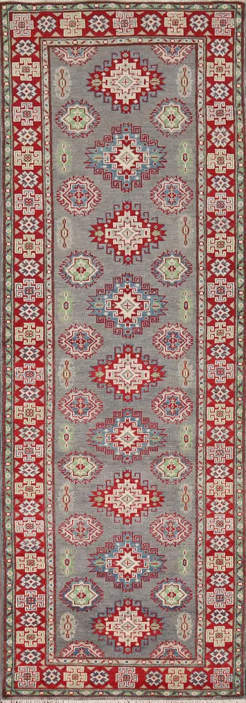 Gray Geometric Kazak Oriental Runner Rug 3x10