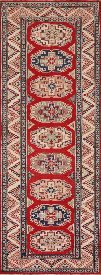 Red Geometric Kazak Oriental Runner Rug 3x9