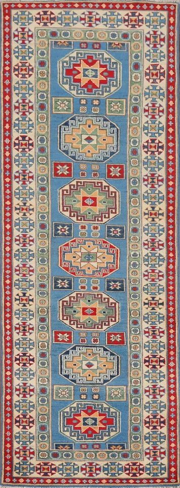 Blue Handmade Kazak Wool Runner Rug 3x10