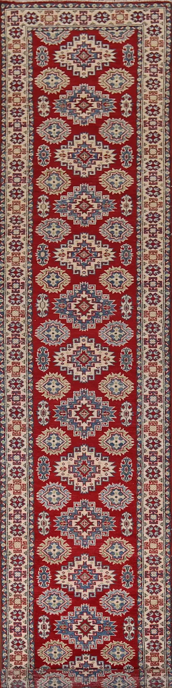 Red Handmade Wool Kazak Runner Rug 3x16