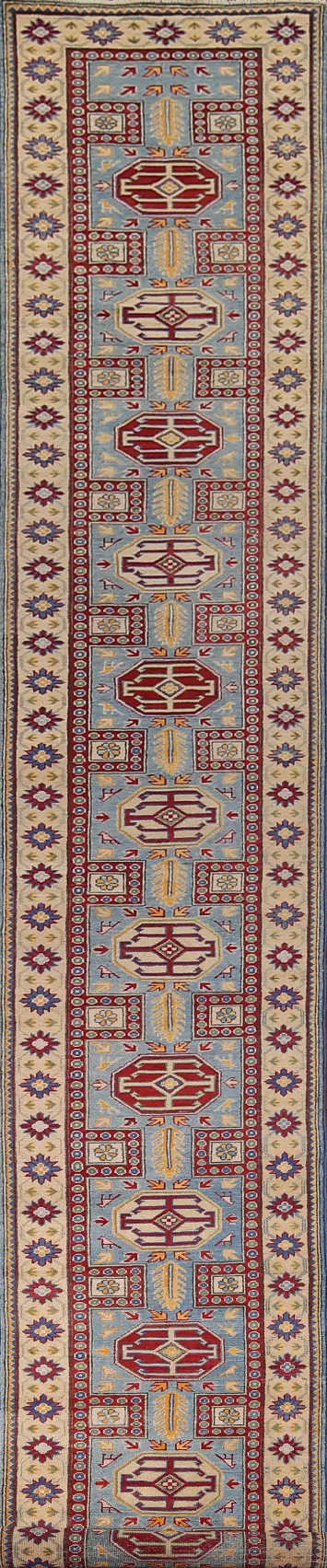 Handmade Blue Kazak Oriental Runner Rug 3x21