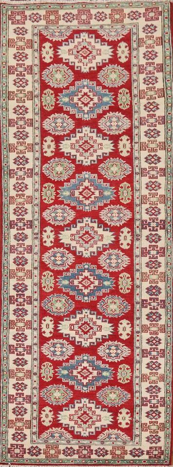 Red Geometric Kazak Oriental Runner Rug 3x10