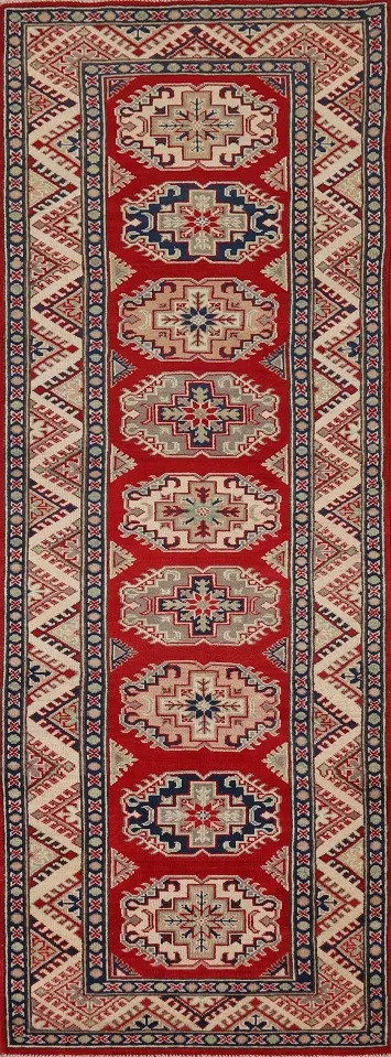 Handmade Red Kazak Oriental Runner Rug 3x9
