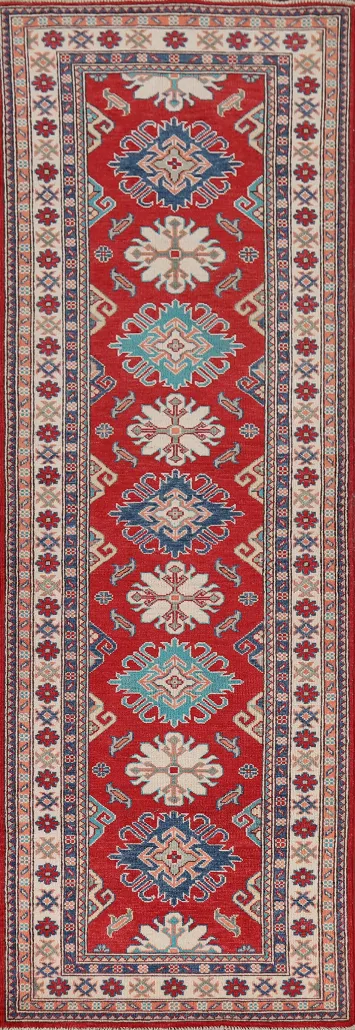 Red Handmade Kazak Oriental Runner Rug 3x10