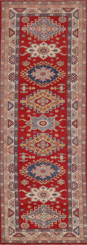 Red Geometric Kazak Oriental Runner Rug 3x10