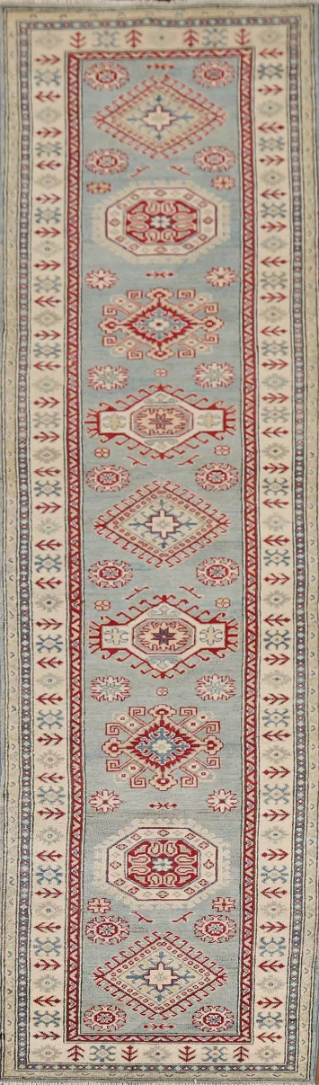 Light Blue Kazak Oriental Runner Rug 3x13