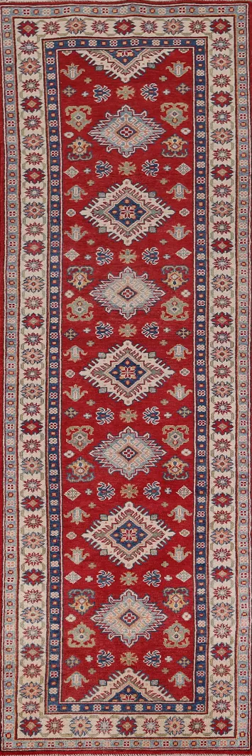 Red Geometric Kazak Wool Runner Rug 3x10