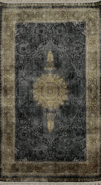 Luxurious Qum Turkish Rugs in Dark Tones with Gold Details