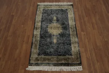 Luxurious Qum Turkish Rugs in Dark Tones with Gold Details