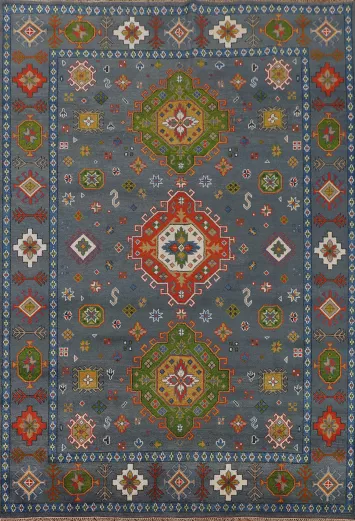 Blue Geometric Kazak Oriental Area Rug 9x12