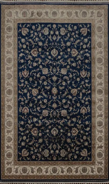 Traditional Qum Area Rug 7x10 Timeless Beige and Blue Floral Motifs