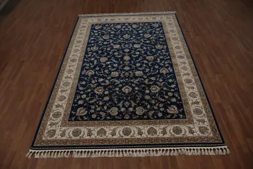 Traditional Qum Area Rug 7x10 Timeless Beige and Blue Floral Motifs