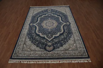 Graceful Blue Qum Turkish Area Rug 7x10 with Ornate Detailing
