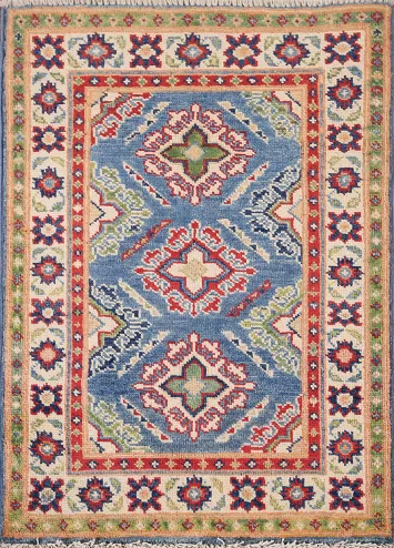 Blue Geometric Kazak Handmade Accent Rug 2x3