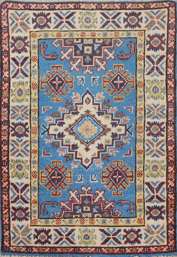 Blue Geometric Kazak Oriental Foyer Rug 2x3