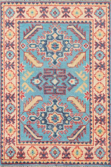 Blue Geometric Kazak Oriental Accent Rug 2x3