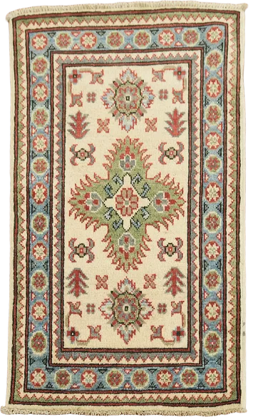 Geometric Cream and Green Kazak Wool Foyer Rug 2x3