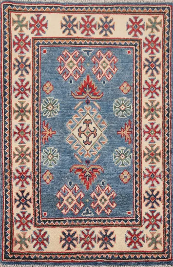 Blue Geometric Kazak Wool Foyer Rug 2x3