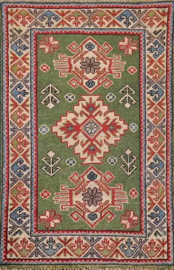 Green Geometric Kazak Oriental Accent Rug 2x3