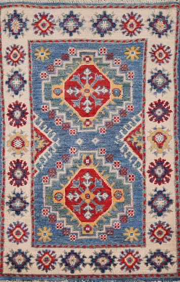 Blue Geometric Kazak Handmade Foyer Rug 2x3
