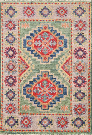 Green Geometric Kazak Handmade Accent Rug 2x3