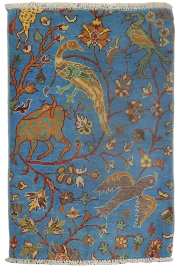Blue Birds and Intricate Botanical Design Wool Rug 2'x3'