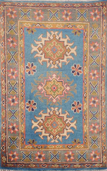 Blue Geometric Kazak Oriental Foyer Rug 2x3