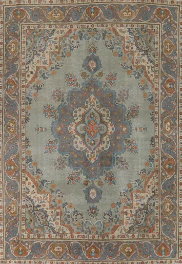 Vintage Green Tabriz Persian Area Rug 10x13