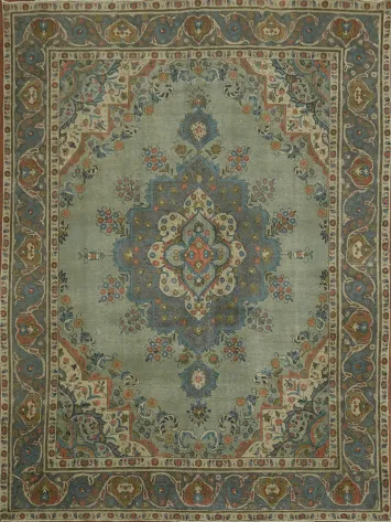 Vintage Green Tabriz Persian Area Rug 10x13