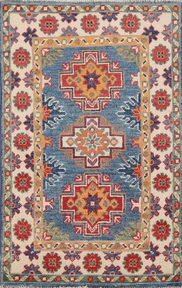 Blue Geometric Kazak Oriental Rug 2x3