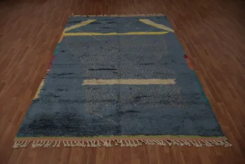 Abstract Moroccan Area Rug 7x11 with Subtle Blue and Yellow Patterns