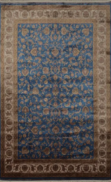 Exquisite Blue Qum Area Rug 7x10 with Intricate Flower Patterns