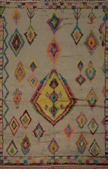 Vibrant Plush Moroccan Area Rug 7x11 with Multi-Color Diamond Elements